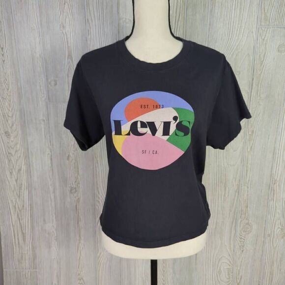 Levis Medium Circle Logo Cropped Graphic T Shirt Black Multicolor - Picture 1 of 7